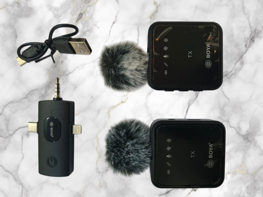 BOYA wireless microphone close up – portable lavalier mic for YouTube, TikTok and podcast recording
