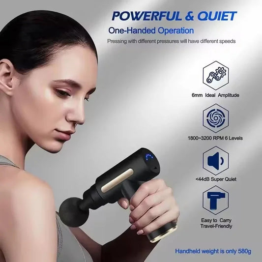 Athlete using mini massage gun after workout in gym
