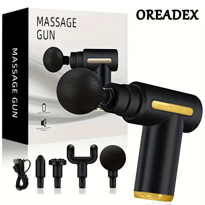 Man using portable fascia gun for deep tissue back massage
