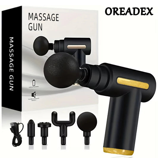 Man using portable fascia gun for deep tissue back massage
