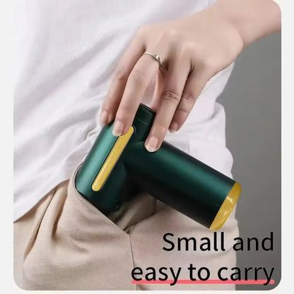 Woman using USB rechargeable fascia gun on neck muscles
